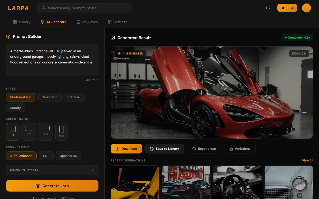 Larpa AI generation interface showing a prompt builder and generated supercar image