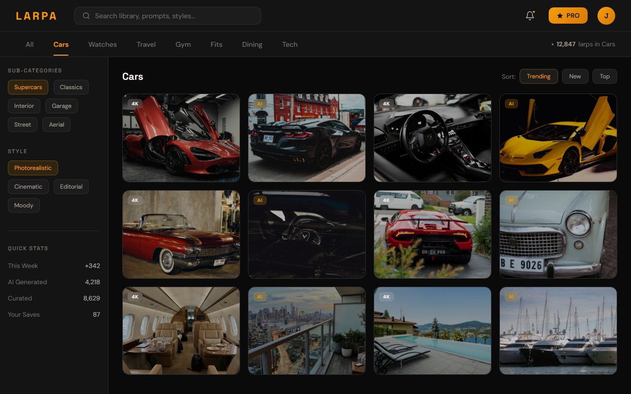 Larpa library browse interface showing curated luxury car images organized by category